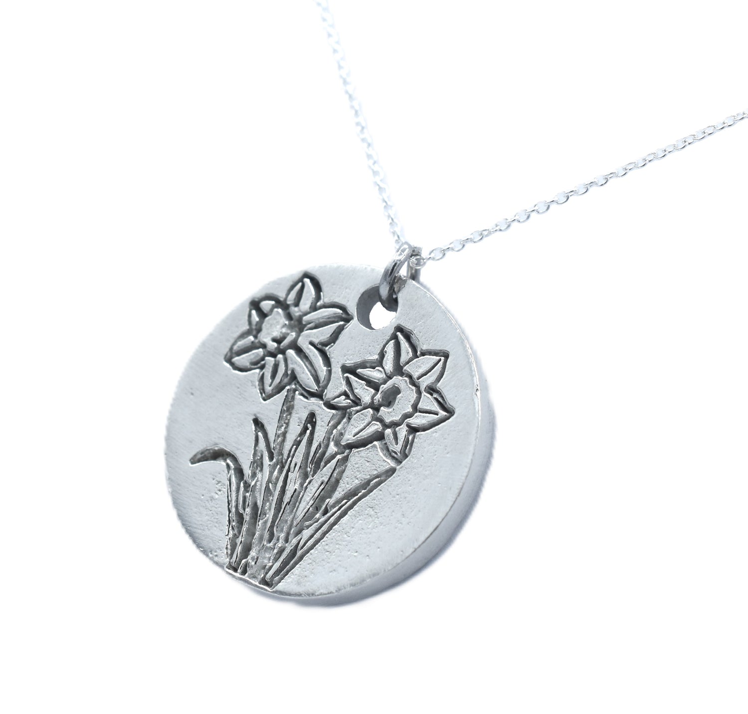 Tin Daffodil Disc Pendant - 10th Wedding Anniversary Flower Necklace