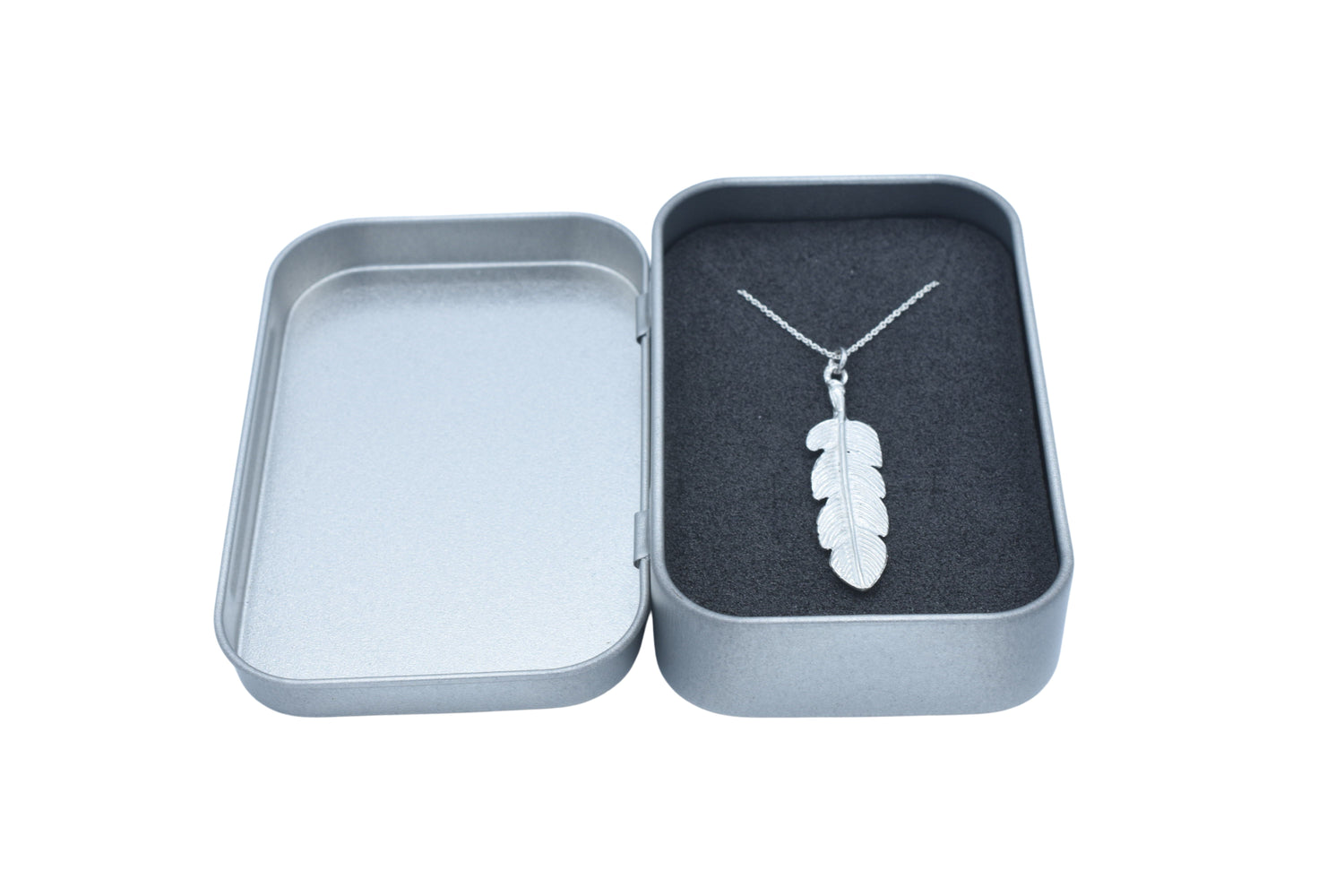 Tin Feather Pendant Necklace